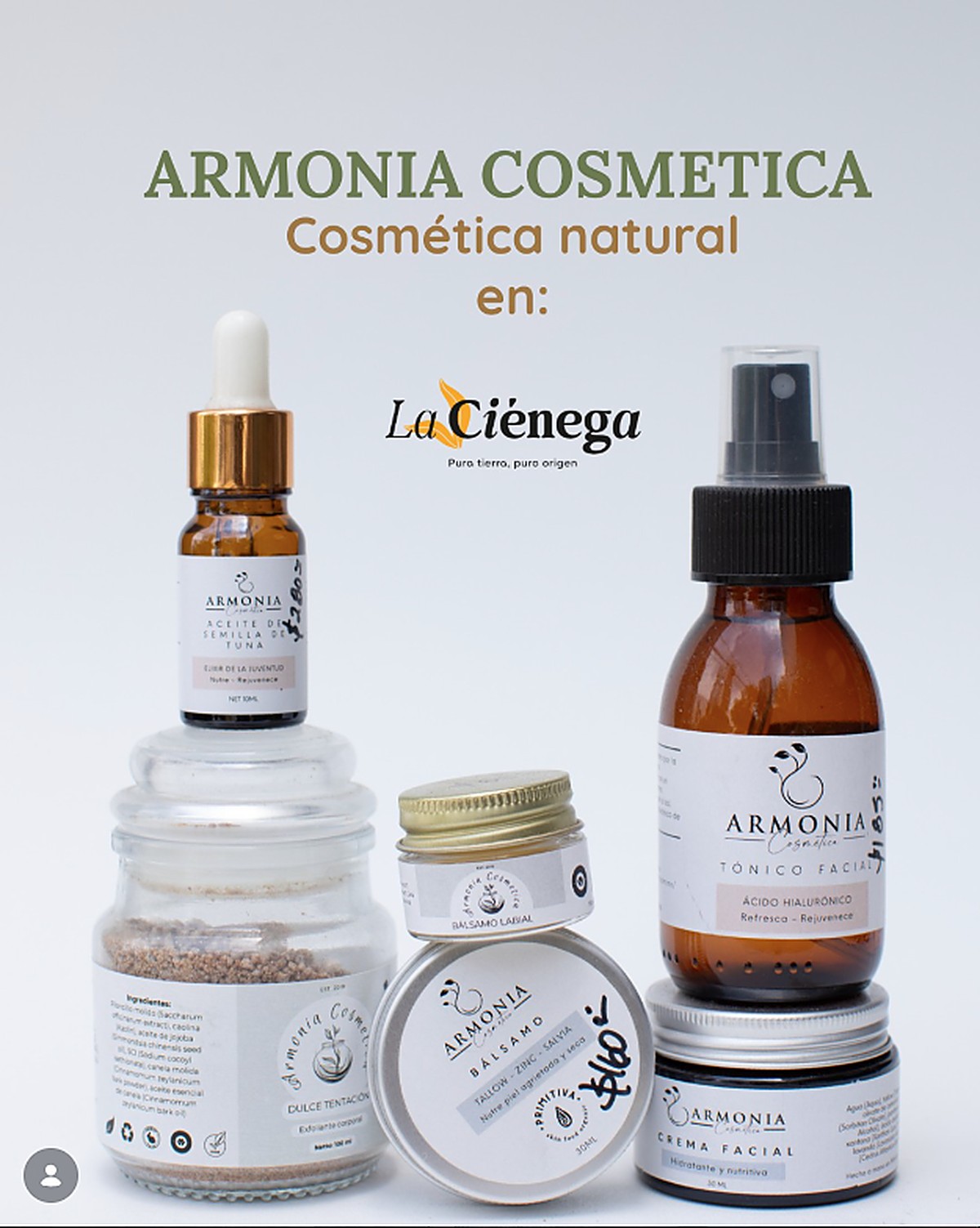 Línea de productos de Armonía Cosmética: aceite de semilla de tuna, tónico facial, bálsamo labial, exfoliante corporal y crema