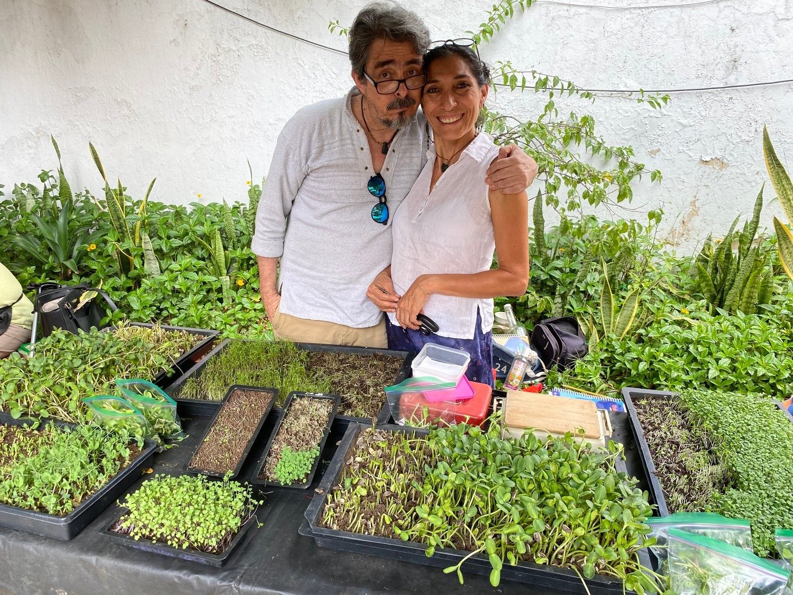 Pareja de productores de Come Bonito junto a sus charolas de germinados y microgreens