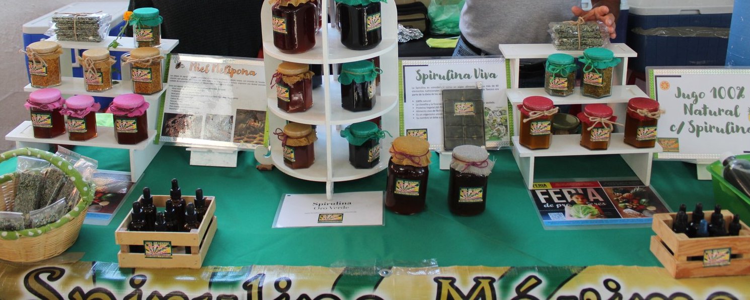 Frascos de miel silvestre con spirulina, miel melipona y spirulina en polvo y gotero, exhibidos en el puesto de Spirulina Máxima