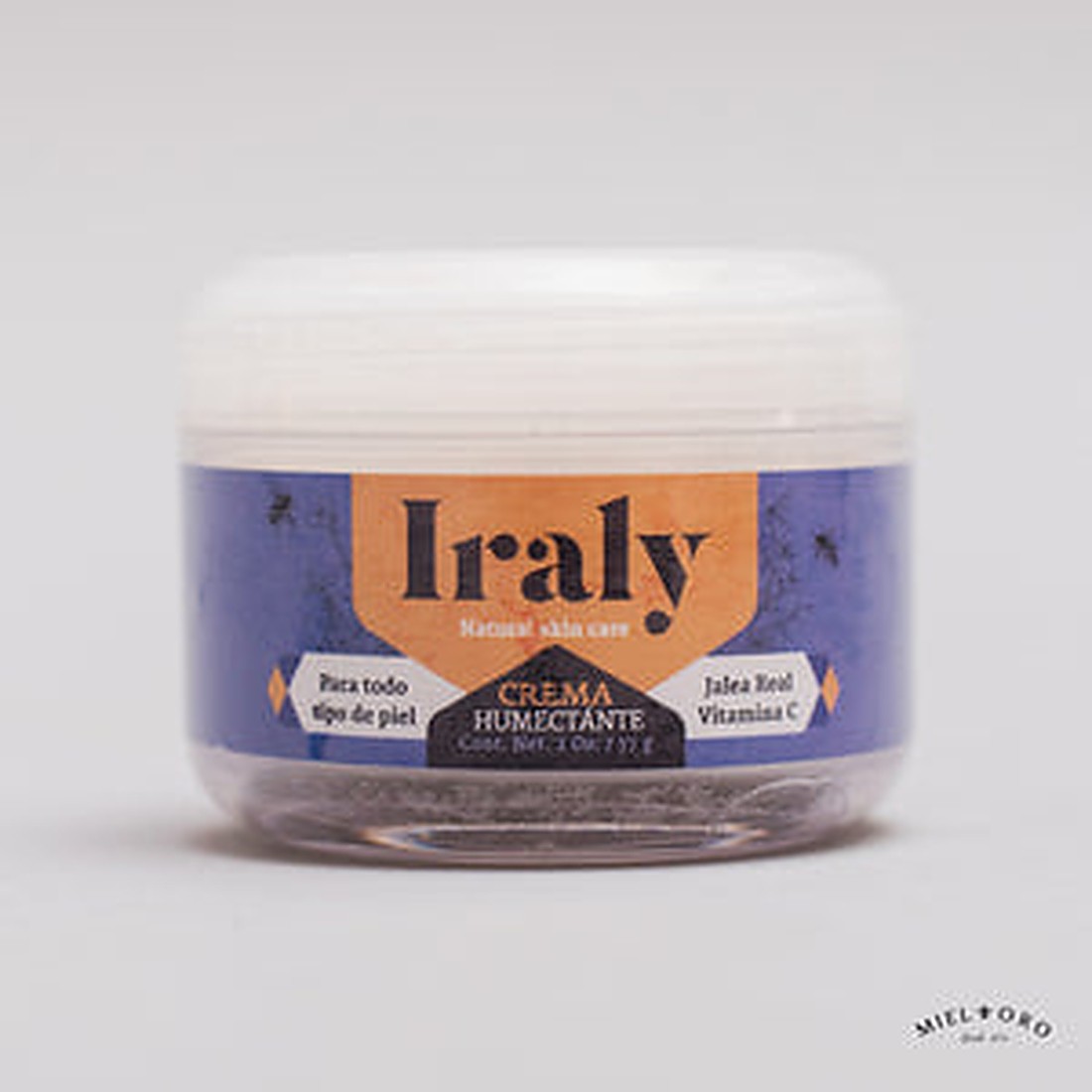 Frasco de crema humectante Iraly, de Miel Oro, con jalea real y vitamina C
