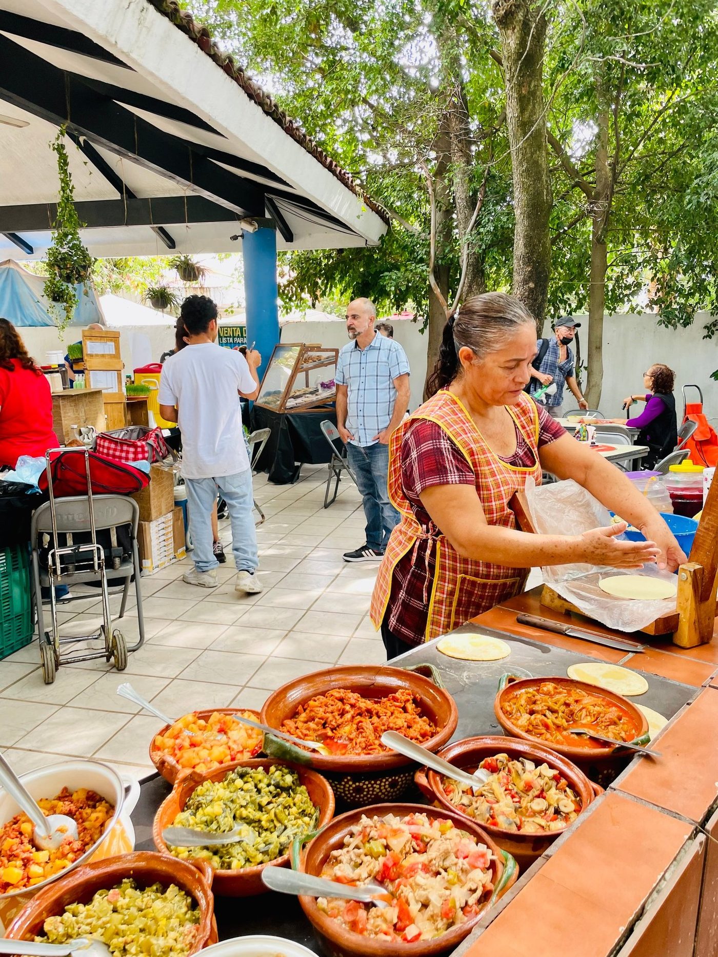 Puesto de Tamales Camila con ollas de barro de guisados variados y tortillas recién palmeadas